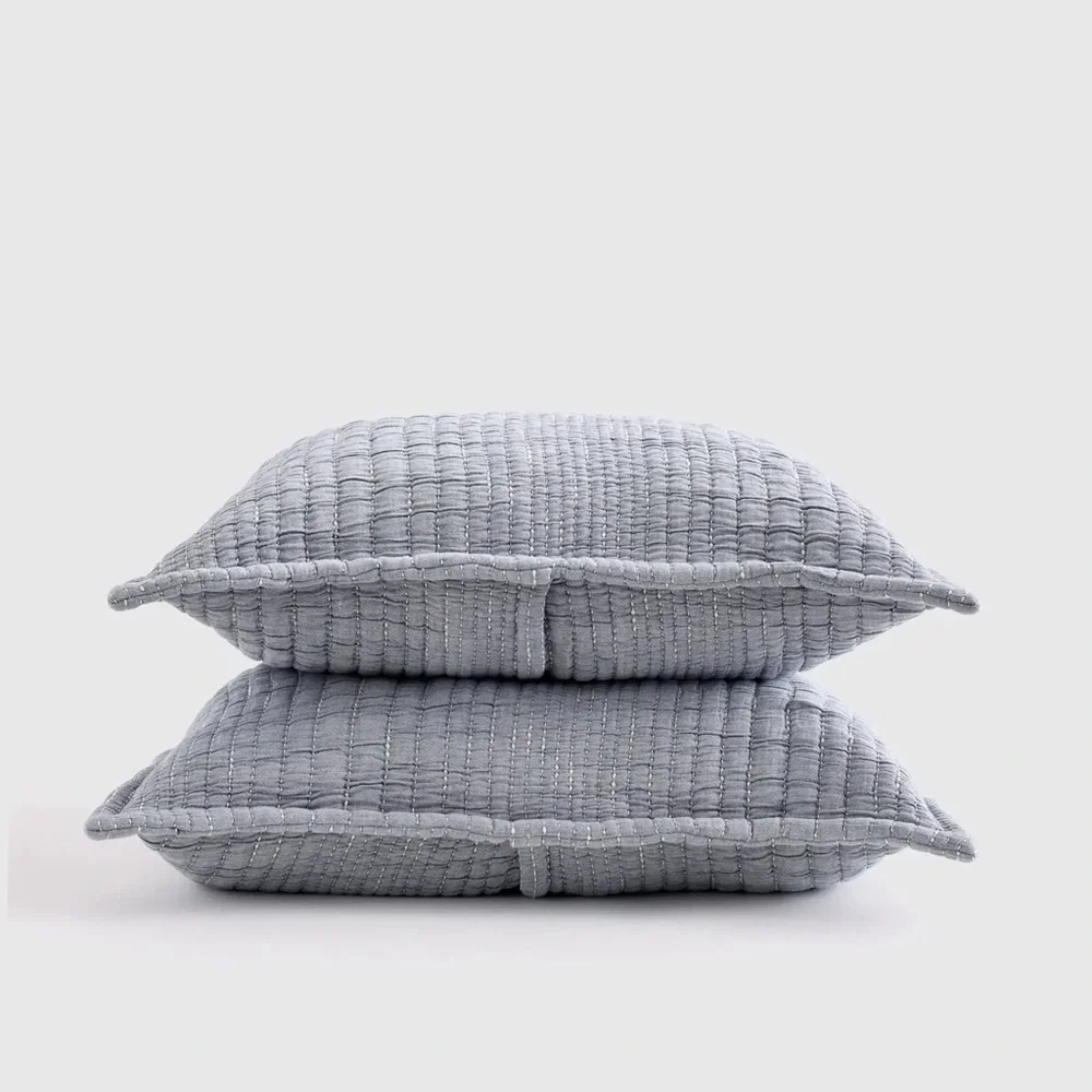 NWOT QUINCE Organic Cotton Channel Stitch Sham Set Standard Blue 7060